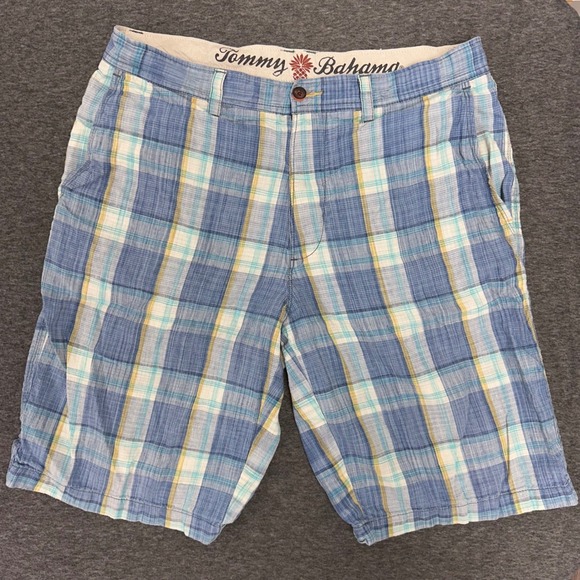 Tommy Bahama Plaid White Blue Shorts Paradise Nation Linen Silk Blend Size 33‎ - Picture 2 of 12